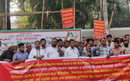 Battery-powered rickshaw drivers stage a one-hour sit-in in Dhaka to press for their eight-point demands