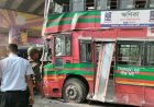 At least 10 people, including the driver, were injured when a Dhaka University bus crashed in Karwan Bazar
